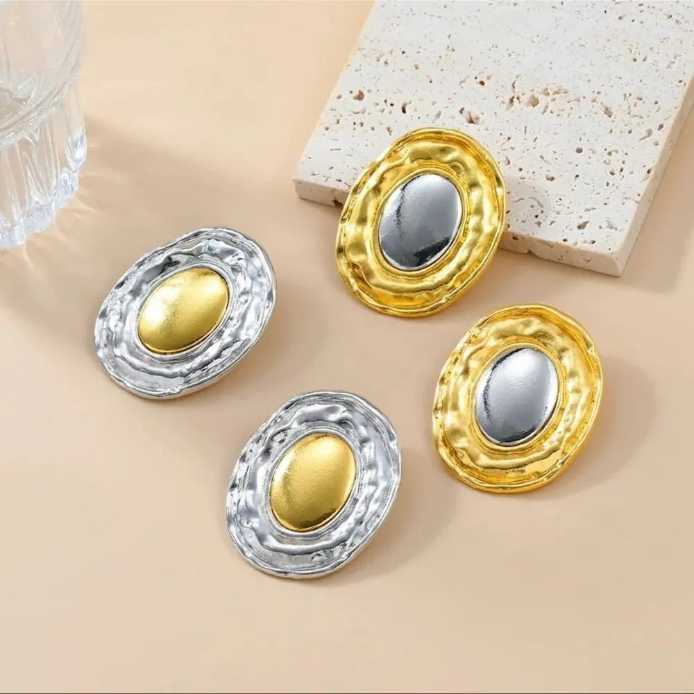Silver Gold Button Oval Earrings - Picture 6 of 6